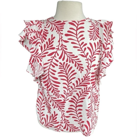 Who What Wear Linen Leaf Botanical Ruffle Sleeve Button Back Top S - Picture 2 of 8